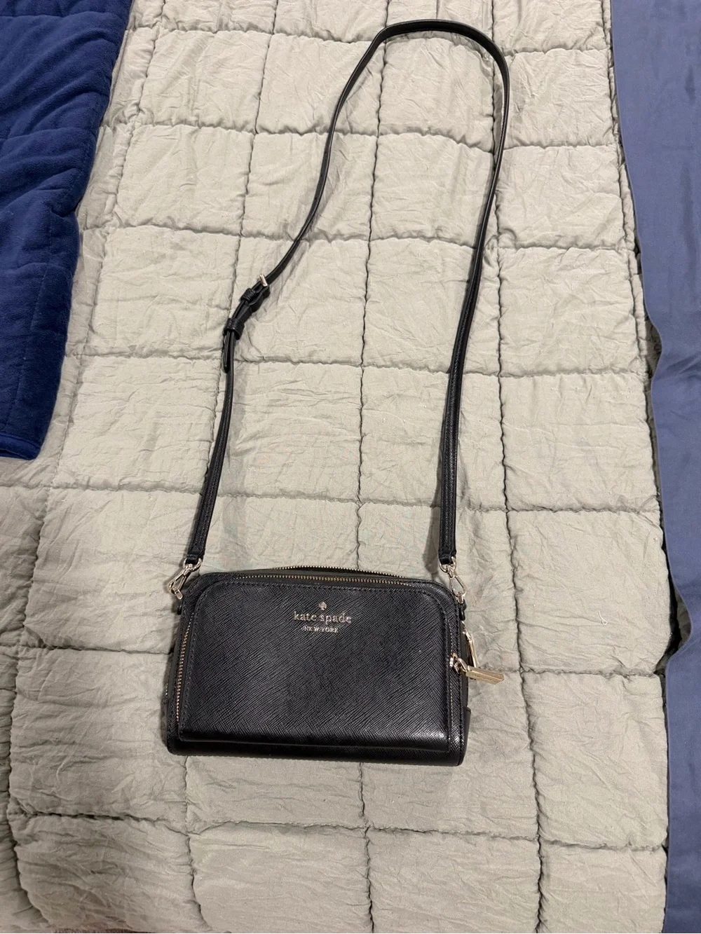 kate spade black leather double-zip crossbody with gold hardware